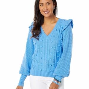NWOT Lilly Pulitzer Blue V-Neck Greta Sweater with Ruffle Detail